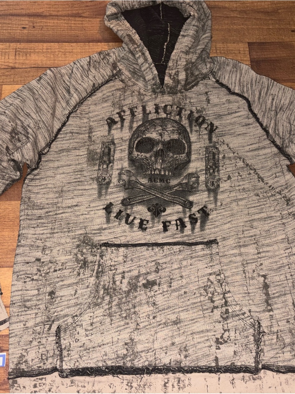 Affliction Reversible Thermal Pullover Hoodie Mens Skull Eagle Y2K Grunge